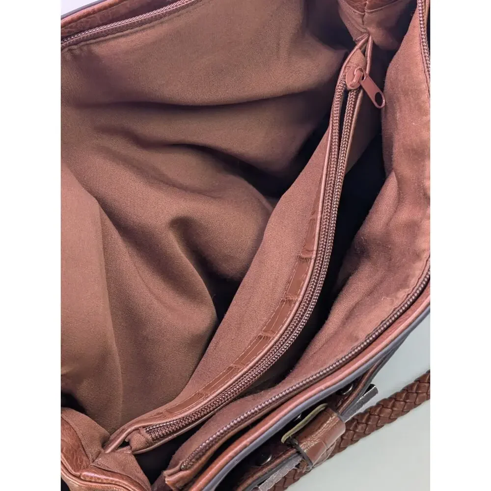 Bueno Brown Faux Leather Satchel Handbag Braided Handles Western Croc Trim